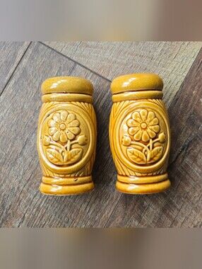 Vintage 1970s MCM Yellow Ceramic Floral Salt and Pepper Shakers Made In Japan